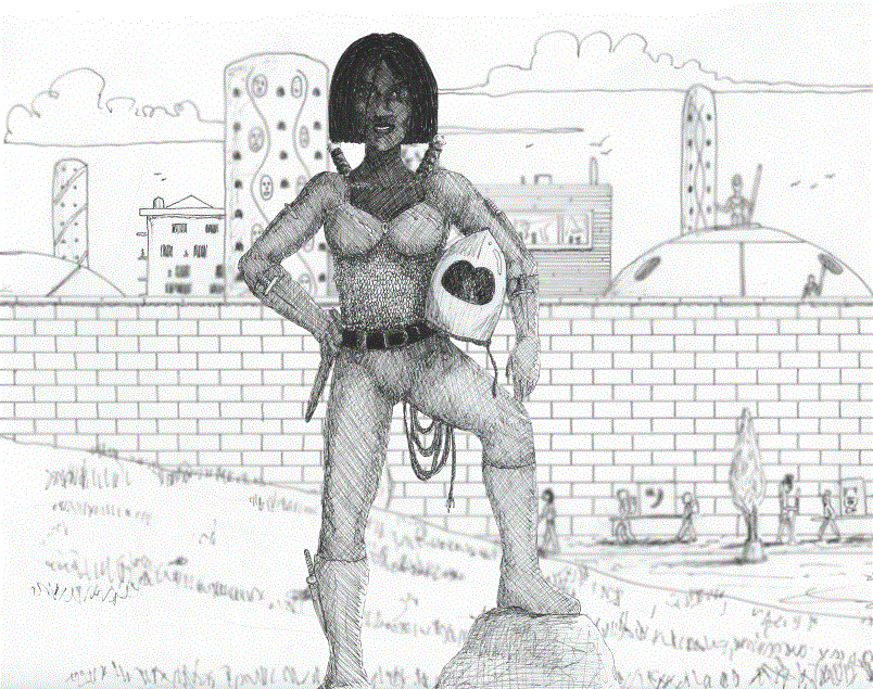 Kothian Warrior posing outside the city walls.